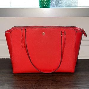 Tory Burch Small Top Zip Tote in red.